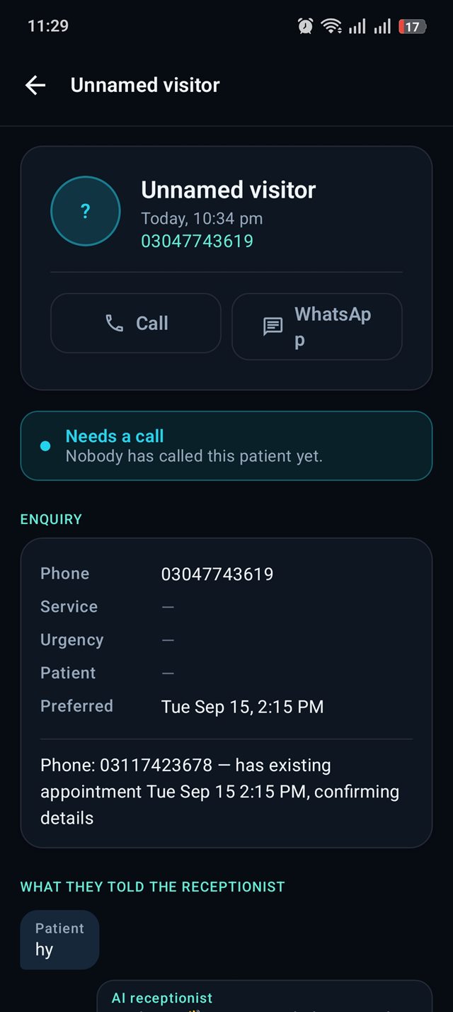 CareLayer Companion App lead detail screen with call and WhatsApp buttons and the patient's full chat transcript